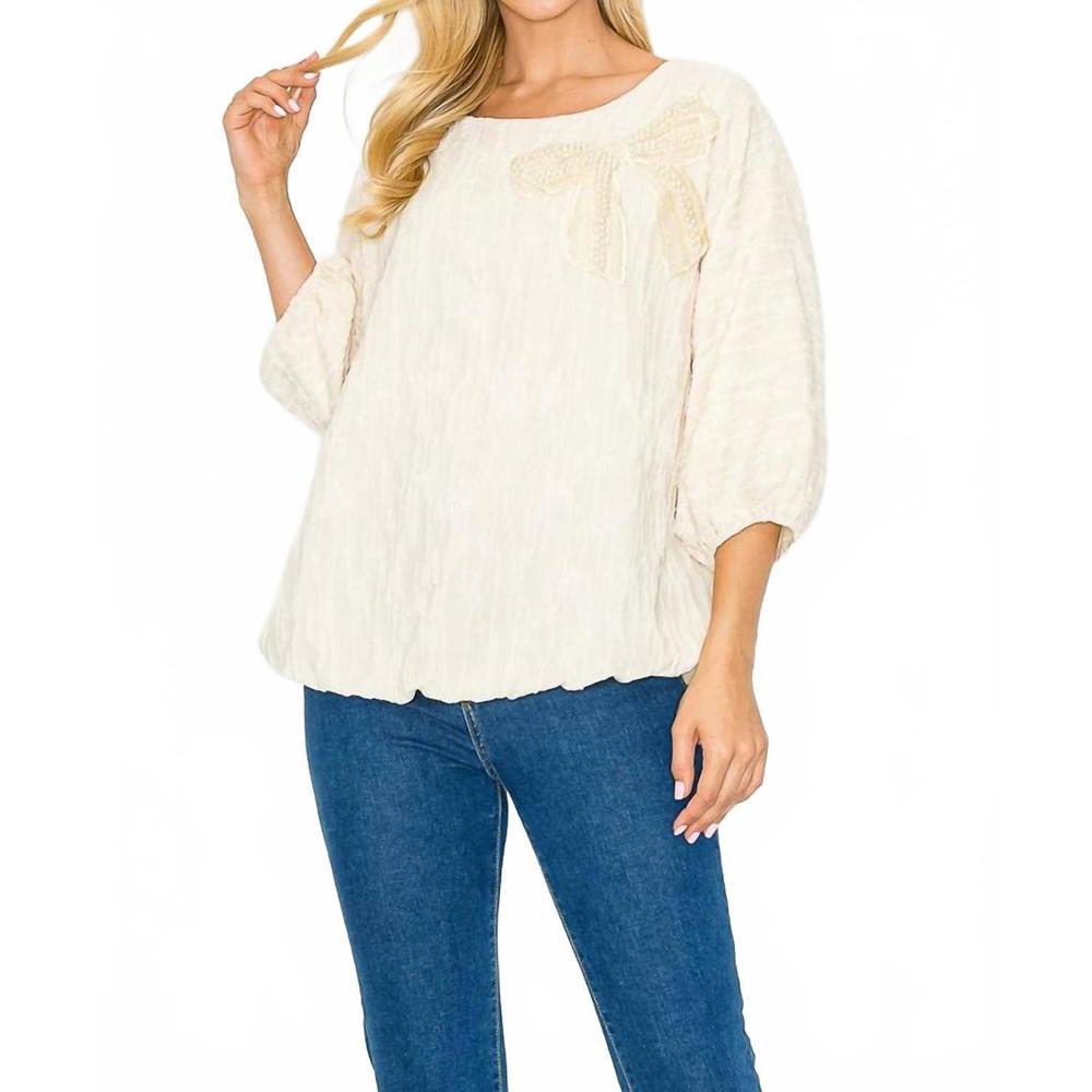 NEW JOH woven top with pearl ribbon bow in white